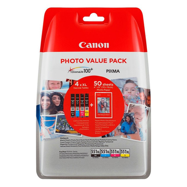 Canon CLI-551XL BK/C/M/Y bläckpatron 4-pack och fotopapper 50st (original) 6443B006 6443B008 651010 - 1